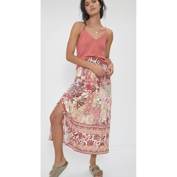 Anthropologie Dresses & Skirts - Anthropologie Indira Patchwork Boho Maxi Skirt Pink Rose Smocked Slit Large NEW